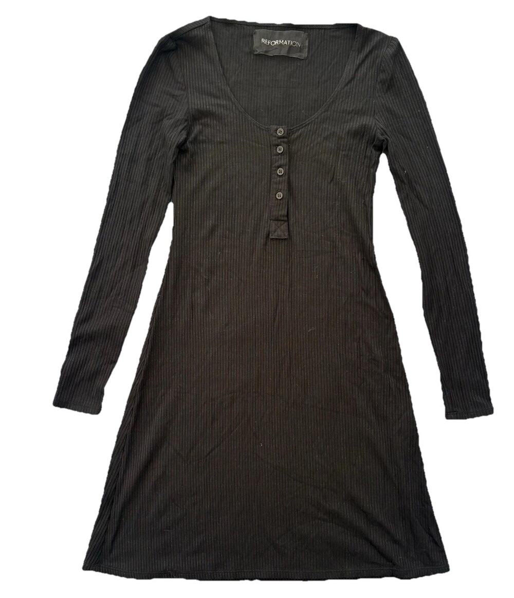 Reformation Dress Womens Size Small Black Ribbed Knit Long Sleeve Mini